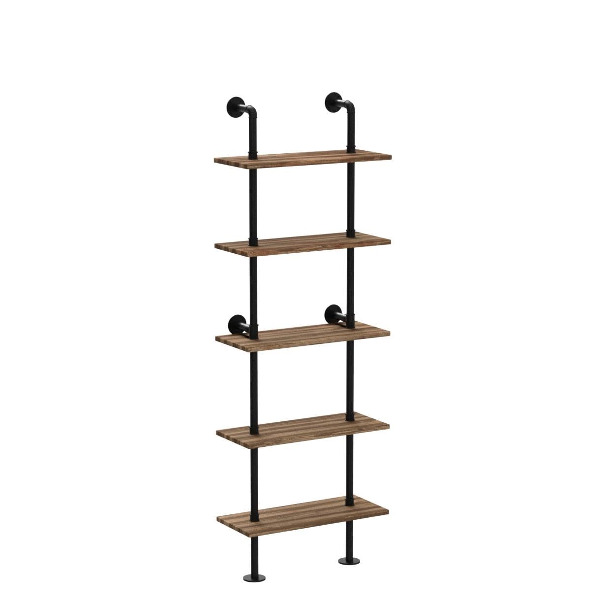 HOMBAZAAR 5-Tier Industrial Pipe Ladder Shelf - Oak Brown Wall Mounted Bookshelf for Home and Office - WoodArtSupply