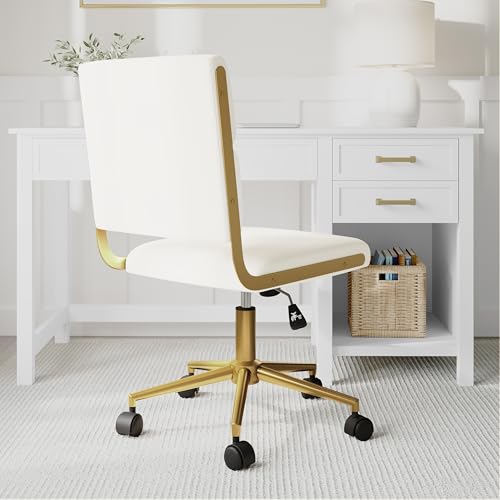 Martha Stewart Lulu Swivel Task Chair with Height Adjustable Seat for Home Office in Off White Faux Leather with Polished Brass Frame Martha Stewart