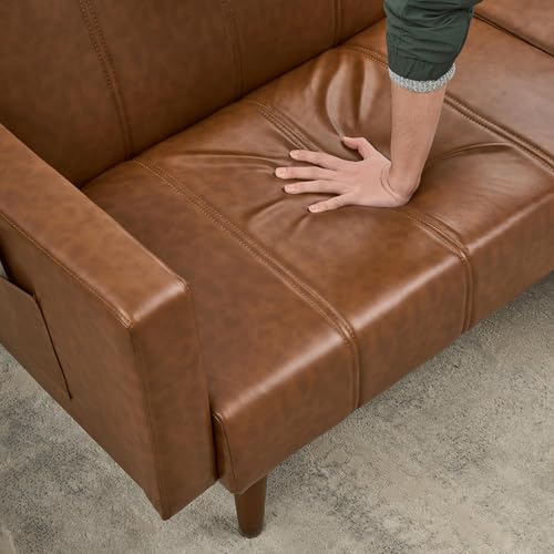 Garvee Modern Futon Sofa Bed, Convertible 75" Sleeper with Adjustable Backrest & Side Pockets, Mid-Century Brown PU Leather Garvee