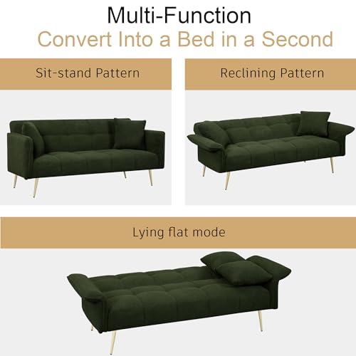 Modern Velvet Futon Sofa Bed ,Convertible Upholstered Couch Bed Loveseat Sleeper, Folding Small Couches Loveseat, Reclining Sofa, Foldable Roll Arms with Pillow for Small Spaces (Green Velvet) Klwenas Maec