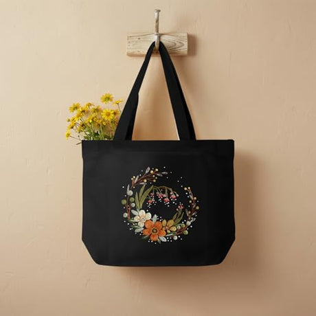ERKOON Canvas Tote Bag Embroidery Kit for Beginners, Floral Arts Crafts Cross Stitch Kits for Adults Including Stamped Embroidery Bag with Hoops, Needle, Instruction and Color Threads (Flower) ERKOON