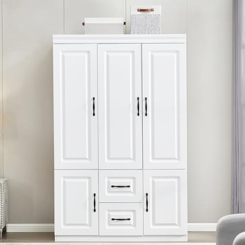 ModMakers 74''H Closet Wardrobe Closets 3 Doors Armoire Wardrobe Closet Wood White Storage Closet Wardrobe Cabinet Bedroom Armoires with Hanging Rod 2 Drawers Clothes Wooden Cabinet