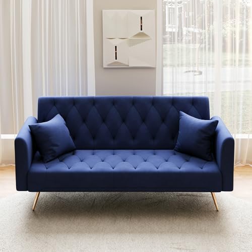 Anwick 72" Modern Velvet Sofa Bed Futon,Convertible Folding Sleeper Bed Couches with 3 Adjustable Backrests,Tufted Recliner Loveseat with Golden Chrome Legs for Small Living Room Office (Blue) Anwick