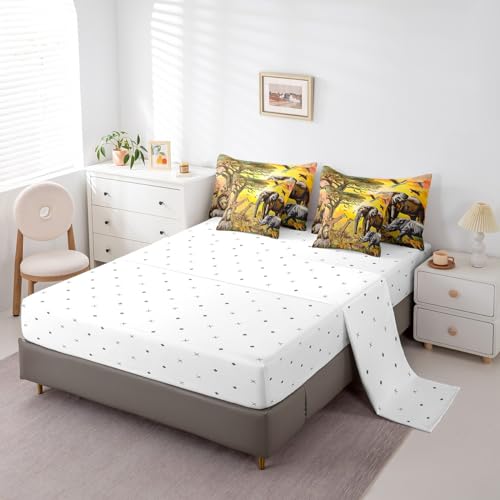 Erosebridal African Safari Animal Comforter Set Queen Size 7 Piece,Elephant Giraffe Bedding Set with Sheet Set,Zebra Cheetah Rhinoceros Bed in A Bag with Throw Pillow Covers,Reversible Erosebridal