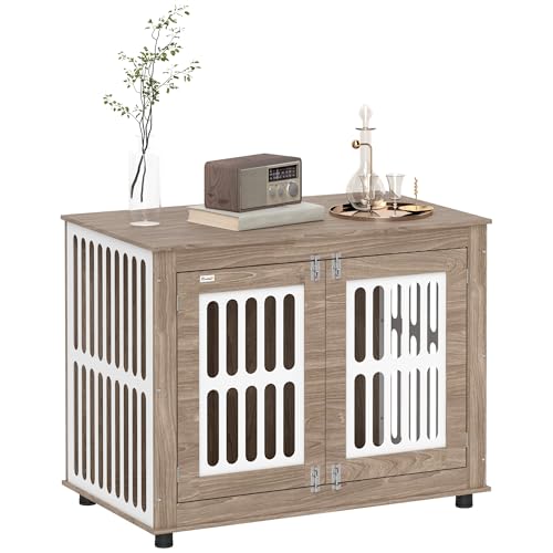 PawHut Dog Crate Furniture, 39" Dog Kennel Side Table with 2 Doors, Adjustable Non-Slip Foot Mats, Decorative Pet Cage for Large Dogs, Walnut Brown PawHut