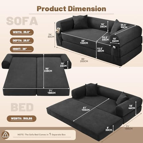 GJQ Convertible Futon Sofa Bed,80" Folding Pull Out Couch Bed with Pillows & Storage,Queen Sleeper Sofa Bed,Compressed Couch in a Box,Corduroy Boneless Couches for Living Room,Deep Gray GJQ