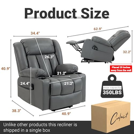 Culect Electric Lift Recliner with Massage Heating Function Mild Zero-Gravity and Stand-Assist Feature, Recliner Chair with 2 Remote Controls and USB Port, Large Side Pockets, Gray PU Culect