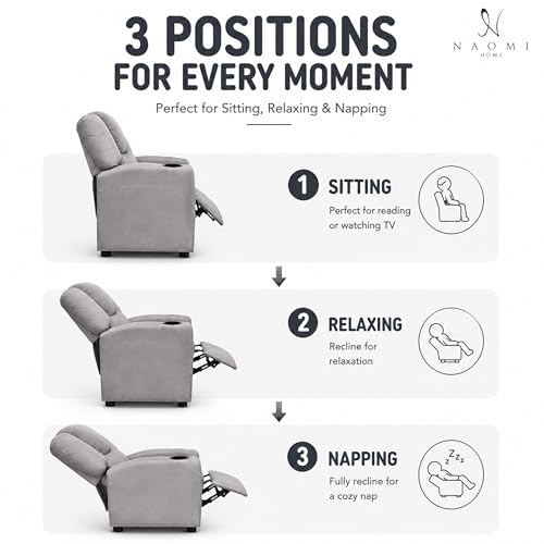 Naomi Home Suri Kids Recliner Chair with Cup Holder & Footrest, Built to Grow with 150 lbs Capacity, Solid Hardwood Frame, and 3 Recline Positions for Toddlers & Children, Gray,Microfiber