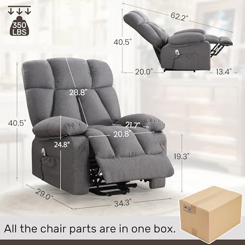 jonpony Power Lift Recliner Chair for Elderly, Big and Tall Lift Chair with Massage and Heat for Living Room, Fabric Electric Recliner Chairs with 4 Side Pockets, USB Charge Port,Grey
