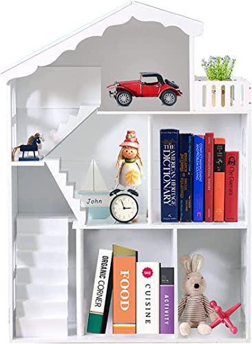 White Wooden Dollhouse Bookcase – Multi-Functional Toy and Book Storage Organizer for Kids WODENY