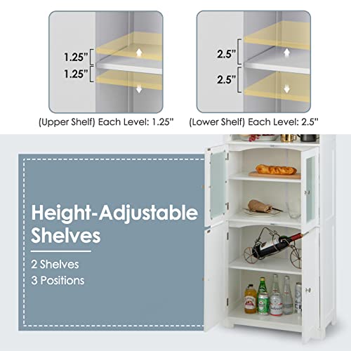 Tangkula Tall Bathroom Storage Cabinet, Freestanding Floor Cabinet w/2 Glass Doors & 2 Open Shelves, 3-Position Adjustable Shelves, Anti-toppling Design, 64” Tall Pantry Cupboard for Kitchen Tangkula
