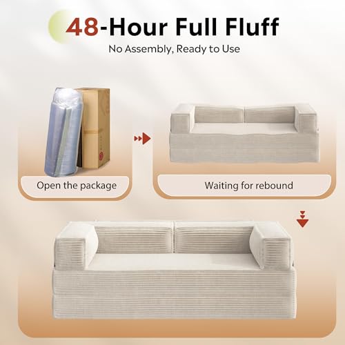 WLIVE 87'' Futon Sofa Bed, Convertible Sleeper Sofa, Folding Pull Out Couch Boneless Mattress with Fixed Frame, Corduroy, Beige WLIVE