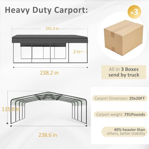 MUPATER Outdoor Carport, 20' x 20' Heavy Duty Canopy for Garage, Car Garage Shelter with Galvanized Metal Roof and Frame for Car, Grey - WoodArtSupply