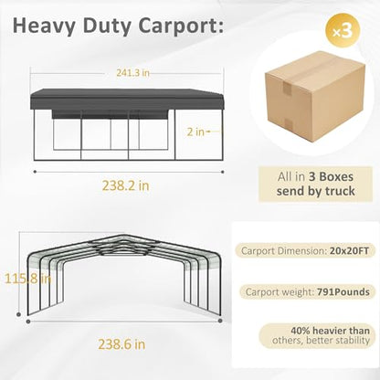 MUPATER Outdoor Carport, 20' x 20' Heavy Duty Canopy for Garage, Car Garage Shelter with Galvanized Metal Roof and Frame for Car, Grey - WoodArtSupply