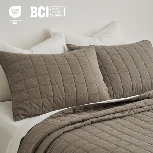 EVERGRACEHOME 100% Cotton Box Stitch Quilt Bedding Set King Size 3 Pieces, Garment-Washed Lightweight Soft Cozy Coverlet, Oversized Quilted Bedspread Sets with 2 Shams for All Season, Mocha Brown EVERGRACEHOME