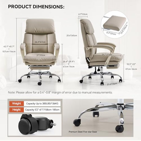 EMIAH Office Chair with Foot Rest, Ergonomic Executive Office Chair with Arms, Reclining High Back PU Leather Comfy Swivel Computer Desk Chairs with Wheels and Lumbar Support for Home Office, Beige EMIAH