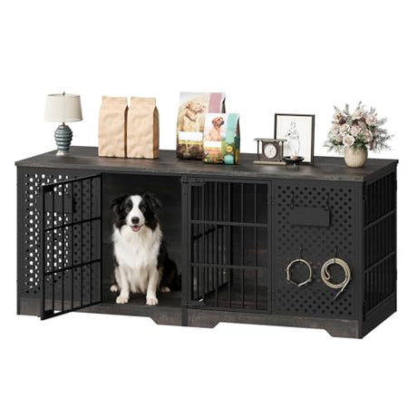HOOBRO 71" Dog Crate Furniture for 2 Large Dogs, Heavy Duty Indoor Kennel with Removable Divider & Name Tags, TV Stand Cage Furniture for Medium & Large Dogs, Charcoal Gray & Black BC84GW03 HOOBRO