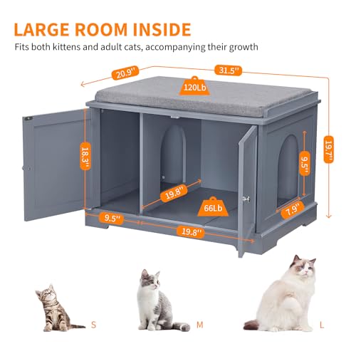 Cat Litter Box Enclosure Furniture, Litter Box Furniture Hidden with Removable Divider, Wooden Cat Washroom Furniture,Cat House, 28.74“L x 21.1”W x 20.24“H - Gray Sumell