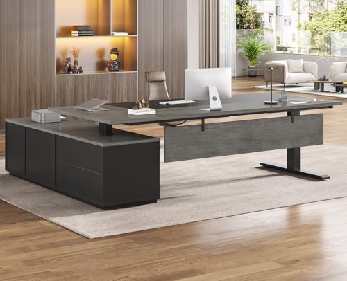 SEDETA Executive L Shaped Electric Standing Desk, 71" Height Adjustable Executive Desk with 3 Drawers and Cabinet, Sit Stand Up Home Office Desk with Power Outlets & Side Hook (Grey) SEDETA