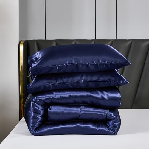 Satin Comforter Set King Silk Like Silky Bedding Set Luxury Hotel Silky Bed Home Deocr Navy Blue Soft Down Comforter Silky Quilt Set Bedding_Dreamer
