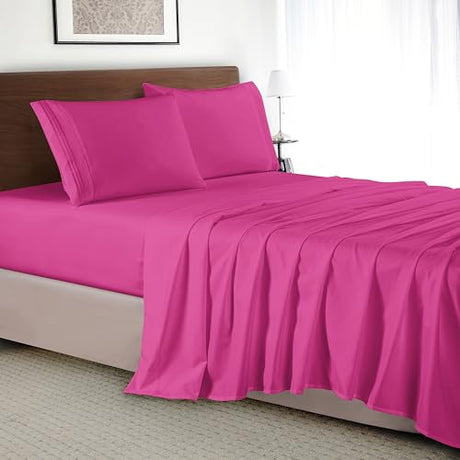 Elegant Comfort Luxury 4-Piece Bed Sheet Set - Luxury Bedding 1500 Premium Hotel Quality Microfiber, Wrinkle Resistant Cool & Breathable, Easy Elastic Fitted, King, Hot Pink Elegant Comfort