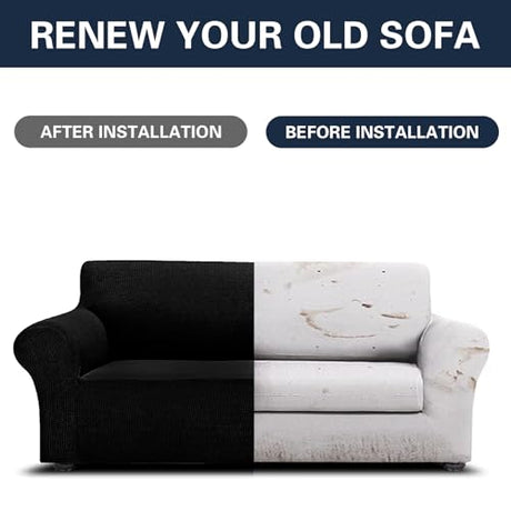 Cupuamon 2026 New Stretch Sofa Slipcovers Couch Cover for 3 Cushion Furniture Protector Sofa Covers with Elastic Bottom Jacquard Fabric Small Checks for Pets, Kids -Sofa, Black Cupuamon