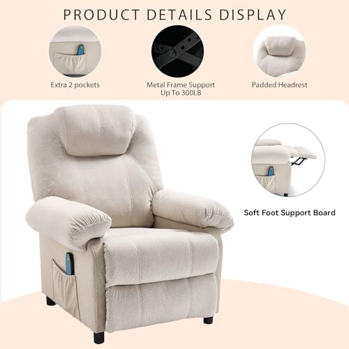 KCREAM Overstuffed Push Back Recliner Chair for Living Room, Mid Century Fabric Heated Massaging Reclining Chair Small Manual Recliner Chair with Heat and Massage, White
