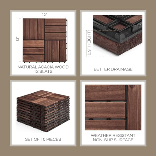 THYOI 10 Pcs Interlocking Deck Tiles 12" x 12", Patio Flooring Outdoor Waterproof, Acacia Wood Tiles All Weather, Floor Tiles for Balcony, Backyard, Indoor and Outdoor use (Square Joint, Dark - WoodArtSupply