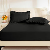 KKJIAF Full Fitted Bed Sheets with 2 Ruffle Pillowcases, Brushed Microfiber Fitted Sheet with 16 Inches Deep Pocket, Comfy Breathable Bed Sheets, Black (No Flat Sheet) KKJIAF