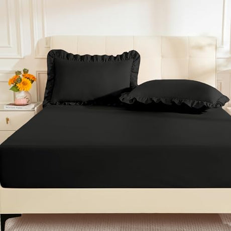 KKJIAF Full Fitted Bed Sheets with 2 Ruffle Pillowcases, Brushed Microfiber Fitted Sheet with 16 Inches Deep Pocket, Comfy Breathable Bed Sheets, Black (No Flat Sheet) KKJIAF