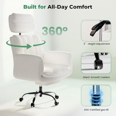 Criss Cross Office Chair with Armrests & Wheels, Comfy Velvet Vanity Chair, Ergonomic Executive Gaming Computer Chairs with Foot Rest, Wide Seat Reclining Desk Chair, White HOMRELEXA
