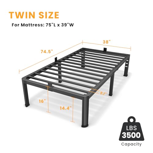 Superay 16 Inch Twin Size Metal Platform Bed Frame with Round Corners, Storage Space Under High Bed Frame-Heavy Duty Steel Slats Support, Noise Free - Easy Assembly - No Box Spring Needed Superay