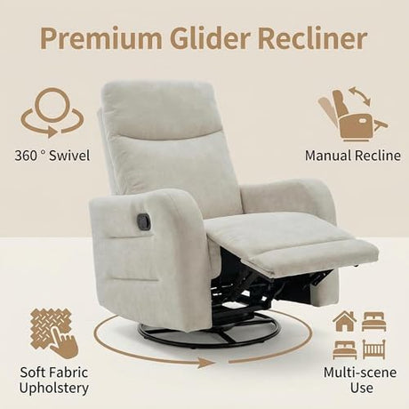 MAKOSAR 360° Swivel Glider Rocker Recliner Chair, Manual Reclining Sofa Chair with Side Pull Handle,Fabric Upholstered Lounge Chair for Living Room, Bedroom,Nursery,Office (Beige-Swivel) MAKOSAR