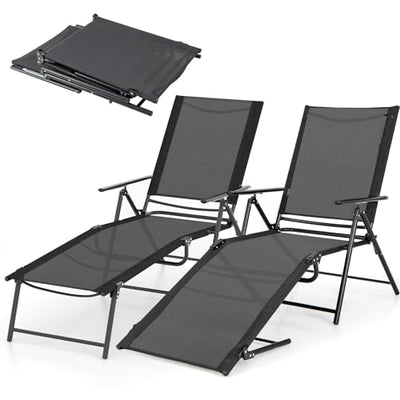 Giantex Lounge Chair Outdoor Set of 2 - Tanning Chair with 6 Adjustable Backrest, 2-Level Footrest, Folding Sunbathing Lounger for Patio, Poolside, Yard, Chaise Lounge Chair, Beach Chair (Black)