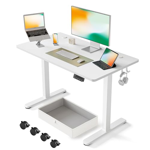 FEZIBO 40 x 24 Inches Standing Desk with Drawer, Adjustable Height Electric Stand up Desk with Storage, Sit Stand Home Office Desk, Ergonomic Computer Desk, White - WoodArtSupply