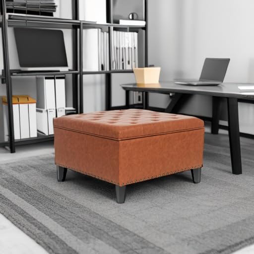 Homebeez Faux Leather Storage Ottoman Bench, Square Coffee Table Footstool Footrest with Wood Legs for Living Room (Cognac Brown) Homebeez