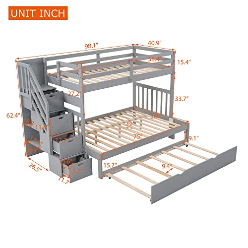 Twin over Full Bunk Bed with Trundle for 2 Kids, Wood Twin over Full Size Bunk Bed with Storage Cabinet and Drawers, Convertible Bunk Beds Split into 3 Beds for Teens, Adults, Noise-reduced, Gray Harper & Bright Designs