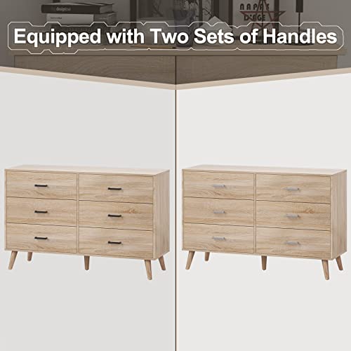 Bigbiglife Wood Dresser for Bedroom, 6 Drawer Dresser with Metal Handles, Mid Century Modern Dresser Double Chest of Drawer (Light Oak) - WoodArtSupply