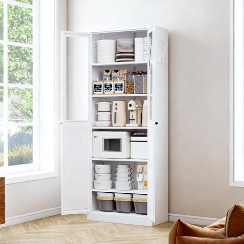 AQY Kitchen Pantry Cabinet,72" White Pantry Storage Cabinet with 5 Tire Adjustable Shelves and Glass Doors,Freestanding Cupboard,Metal Pantry Cabinets with Handle for Living Room,Assembly Required AQY
