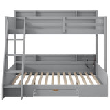Twin over Full Bunk Bed with Storage Shelves, Wood Twin Bunk Beds with Ladder and Built-in Drawer, Multifunctional Bunk Bed Frame with Led Lights and Charging Station for Kids Girls Boys, Gray Harper & Bright Designs