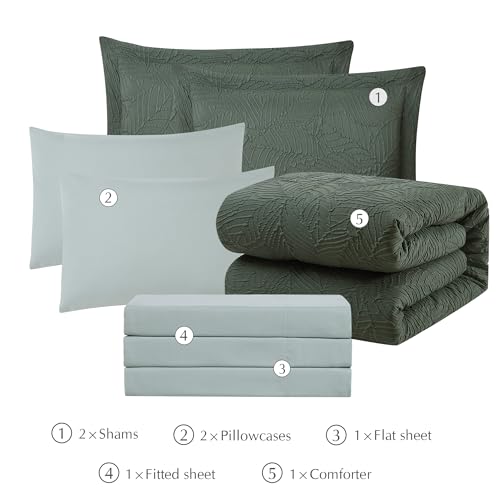 Geniospin King Size Comforter Set - 7 Pieces Dark Green Bedding Set, Botanical Textured Comforter Bed Set, All Season Lightweight Bed in a Bag with Comforter, Sheets, Pillowcases & Shams Geniospin