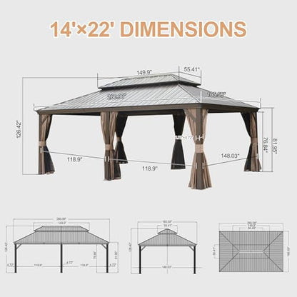 Domi 14x22FT Hardtop Gazebo with Netting & Curtains, Outdoor Aluminum Frame Gazebo with Galvanized Steel Double Roof, Outdoor Permanent Metal Pavilion for Patio Deck Lawn and Garden, Dark Bro - WoodArtSupply