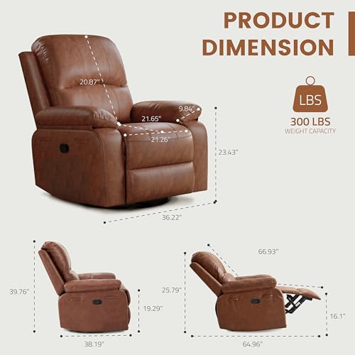 Attalee Leather Swivel Rocker Recliner Chair, Traditional Manual Chair, Upholstered Nursery Glider Rocking Recliner, Comfy Faux Leather Single Sofa with Pocket Spring for Living Room, Camel