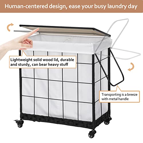 Durable Laundry Hamper with Removable Liner Bag, Heavy Duty Wheels, Wood Lid and Metal Handle - Clothes Sorter and Laundry Basket in White