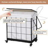 Durable Laundry Hamper with Removable Liner Bag, Heavy Duty Wheels, Wood Lid and Metal Handle - Clothes Sorter and Laundry Basket in White Hermina