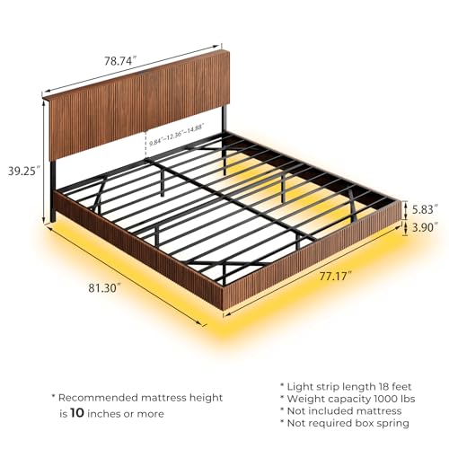 Evermagin Walnut King Floating Bed Frame with Headboard, Mid Century Modern Fluted Platform Bed with LED Lights, Heavy Duty Floating Bedframe with Charging Station, No Box Spring Needed Evermagin