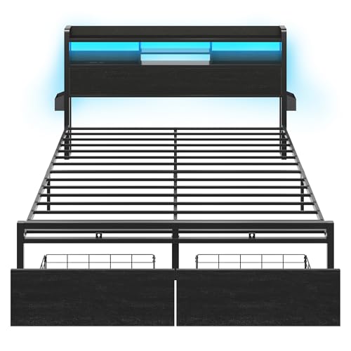 Furnulem King Bed Frame with Wood Headboard & Storage Drawers, Metal Platform Bed Frames King Size with LED Lights, Built in Charging Station, No Box Spring Needed, No Noise, Easy Assembly, Black Furnulem