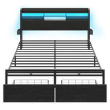 Furnulem King Bed Frame with Wood Headboard & Storage Drawers, Metal Platform Bed Frames King Size with LED Lights, Built in Charging Station, No Box Spring Needed, No Noise, Easy Assembly, Black Furnulem
