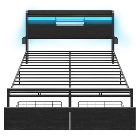 Furnulem King Bed Frame with Wood Headboard & Storage Drawers, Metal Platform Bed Frames King Size with LED Lights, Built in Charging Station, No Box Spring Needed, No Noise, Easy Assembly, Black Furnulem