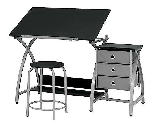 SD STUDIO DESIGNS 2 14 Piece Comet Center Plus, Craft Table and Matching Stool Set with Storage and Adjustable Top, 50x23.75x29.5 inches, Silver/Black SD STUDIO DESIGNS